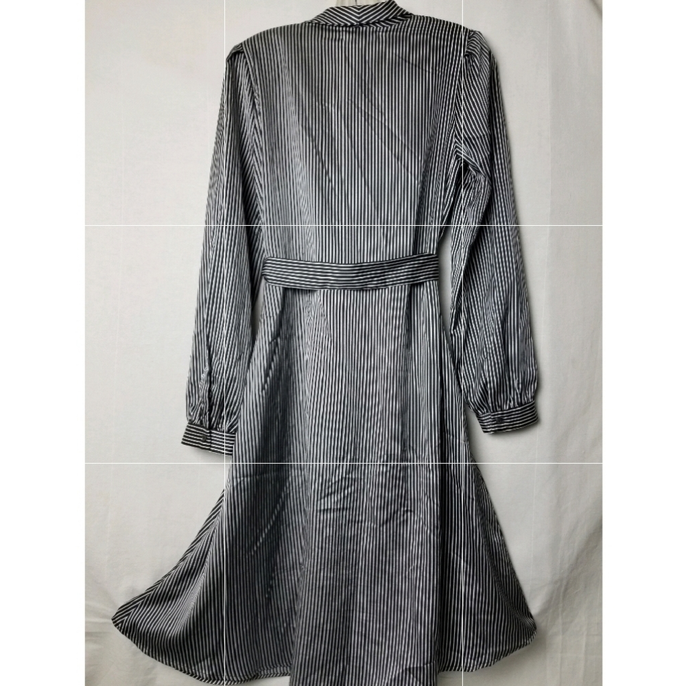 New Avec Les Filles Black Striped Wrap Dress Satin A-line Long Sleeve Sz Small - Picture 11 of 15